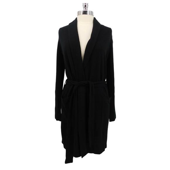 White + Warren Black 100% Cashmere Midi Length Tie Robe‎ Cardigan Size Small - Picture 1 of 7